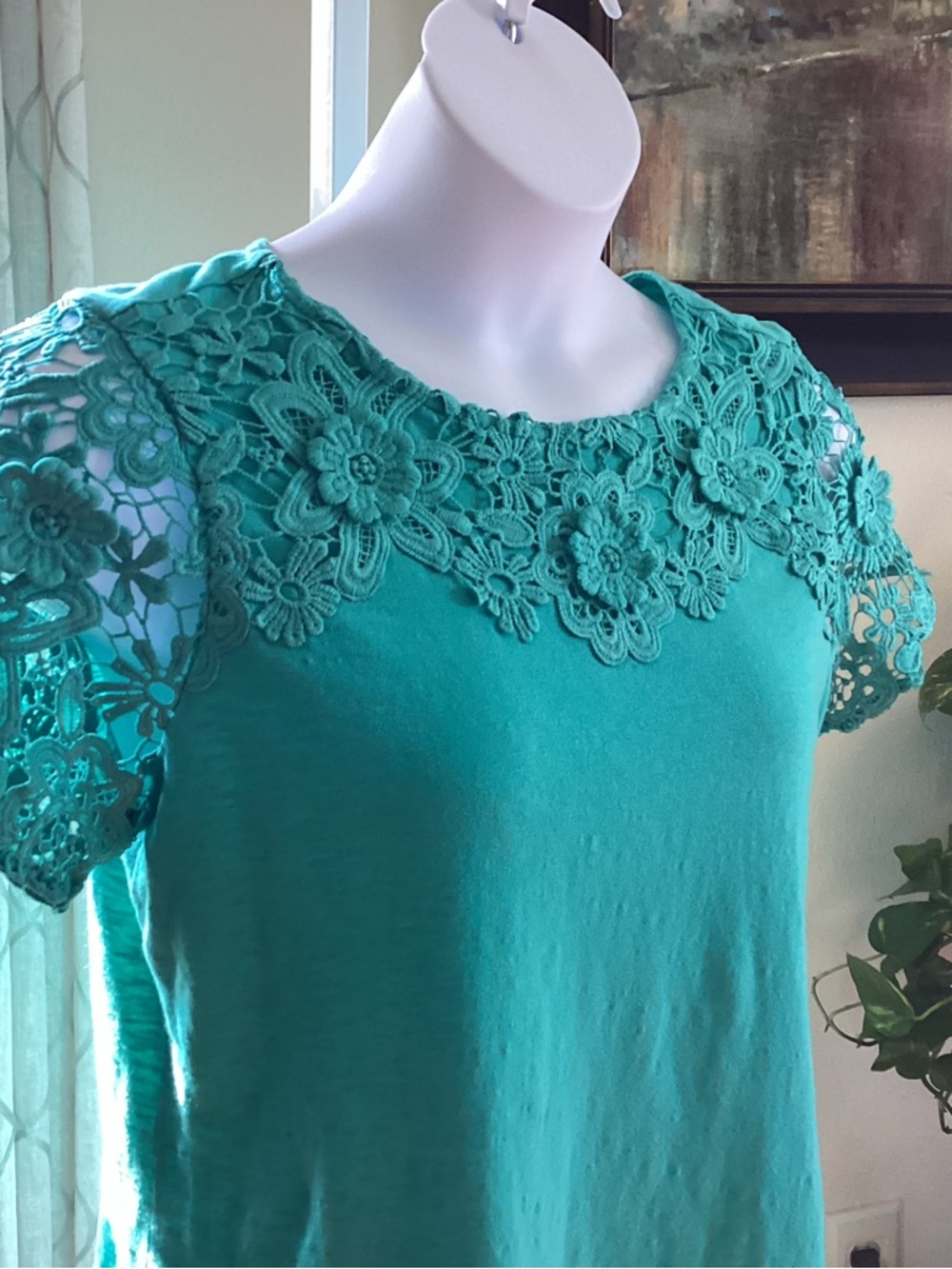 Charter Club Teal Slub Knit Top with Embroidered Neckline and Sleeves PL